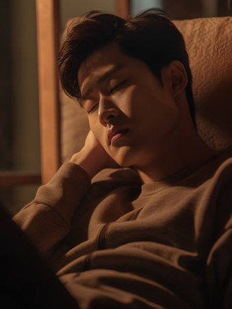 Young Asian man sleeping in bed at night. He is wearing a brown sweater.の素材