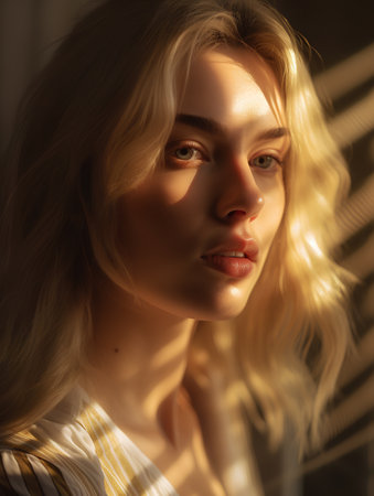 Portrait of a beautiful young blonde woman in the rays of sunlight.の素材
