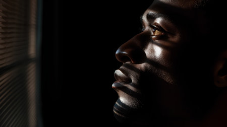 Close-up portrait of a black man looking out the window.の素材