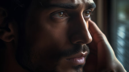 Portrait of a young man looking out the window, close-upの素材