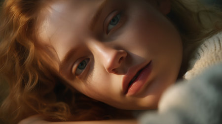 Portrait of a beautiful young girl with red hair and blue eyes.の素材