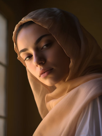 Portrait of beautiful young muslim woman with veil looking at cameraの素材
