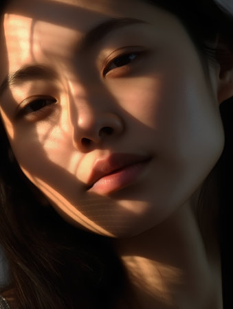 Portrait of a beautiful young asian woman with shadows on her faceの素材