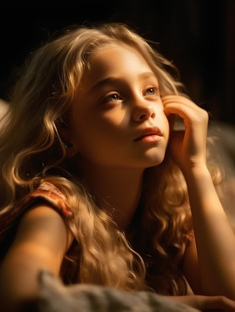 Portrait of a beautiful little girl in bed. Studio shot.の素材