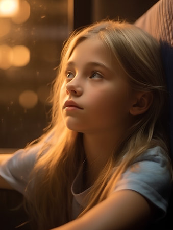 Portrait of a beautiful little girl in a cafe at night.の素材