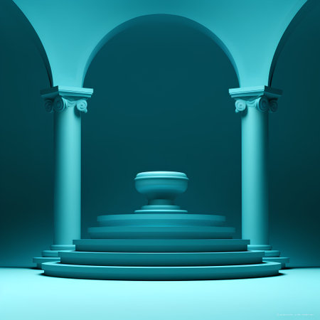 3d render of a blue pedestal with columns and a podiumの素材