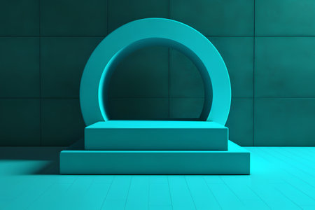 Abstract blue pedestal on green background. 3d render illustration.の素材