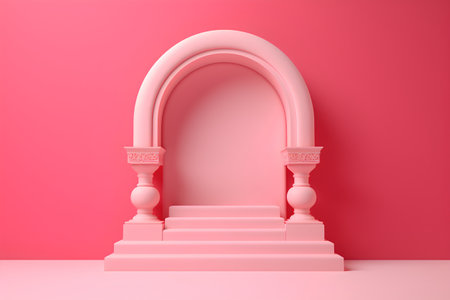 3d rendering of a pink arch with a pedestal on a pink backgroundの素材