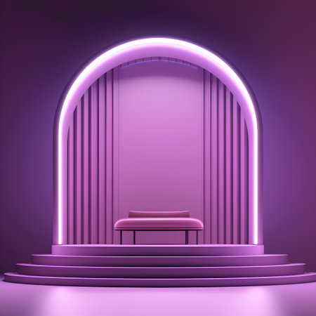 Purple podium illuminated with neon light, 3d render illustration.の素材