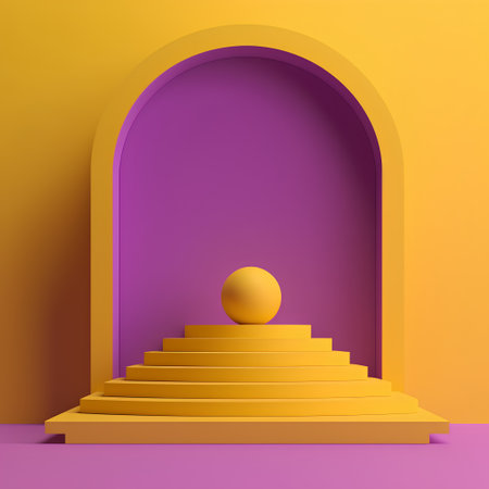 Abstract minimal scene with podium, arch and golden ball. 3d renderの素材