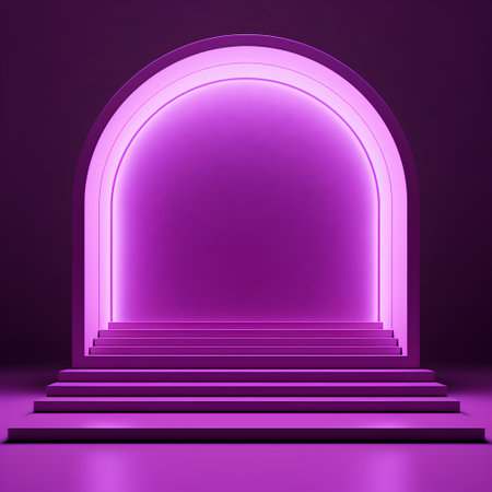Purple neon entrance with stairs and arch. 3D Renderingの素材
