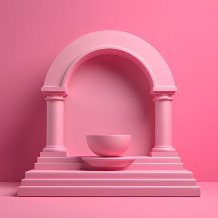 3d rendering of minimal geometrical composition with podium, arch and bowlの素材