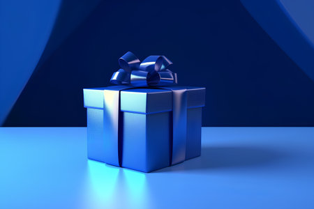 Blue gift box with bow on blue background. 3D rendering.の素材