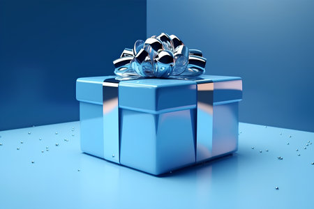 Blue gift box with silver bow on blue background. 3d renderの素材