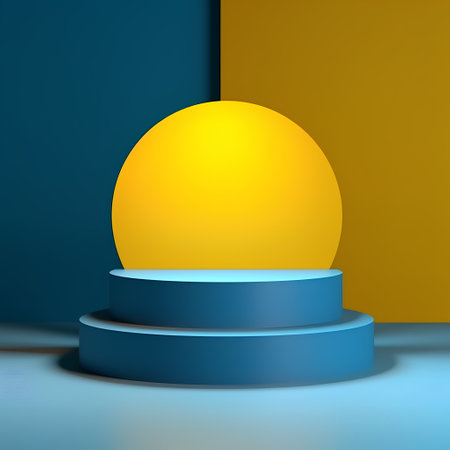 3d render of blue podium and yellow ball on blue and yellow backgroundの素材
