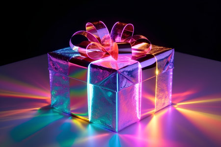 gift box with bow on a black background with colorful rays of lightの素材