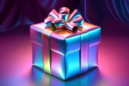 Gift box with ribbon on a purple background. 3d renderingの素材