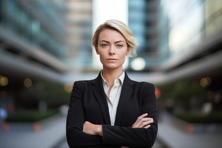 business, people and office concept - serious businesswoman over office building backgroundの素材