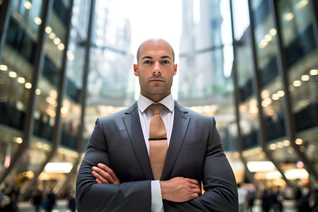 Portrait of a handsome businessman with arms crossed in front of a modern buildingの素材