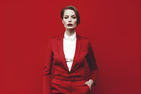 Portrait of a beautiful young woman in a red suit on a red backgroundの素材