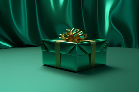3d render of green gift box with golden bow on green backgroundの素材
