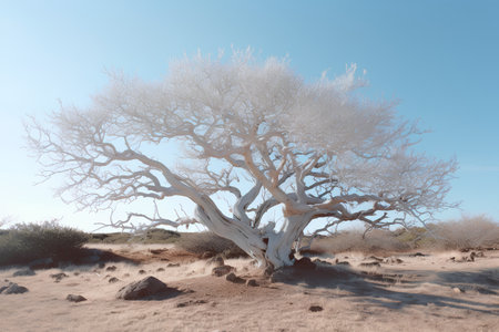 Dead tree in the desert of Namibia with blue sky background.の素材