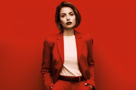 Fashion portrait of a beautiful young woman in a red jacket on a red backgroundの素材