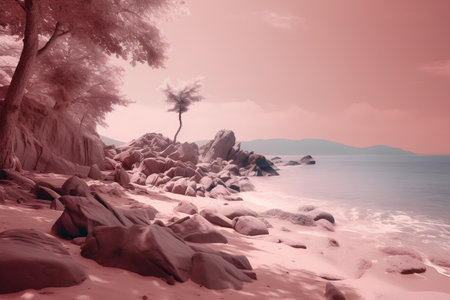 Tropical beach with palm trees and sand. Toned.の素材