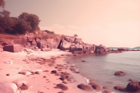Beautiful seascape with pink sand and rocks. Vintage style.の素材