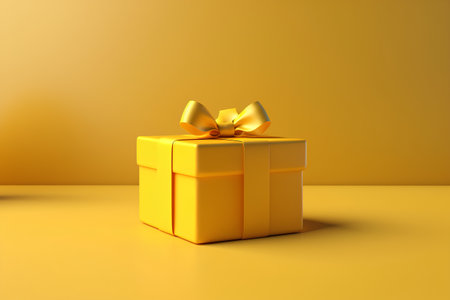 Yellow gift box with golden bow on yellow background. 3d renderの素材