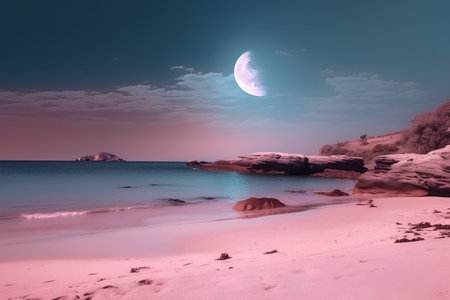 beautiful seascape with pink sand and blue sea at nightの素材
