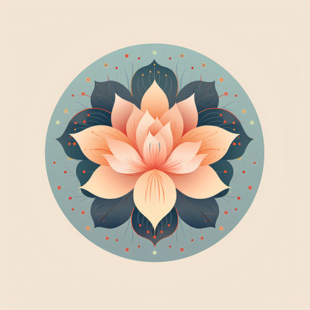 Lotus flower in round frame. Vector illustration in flat style.の素材