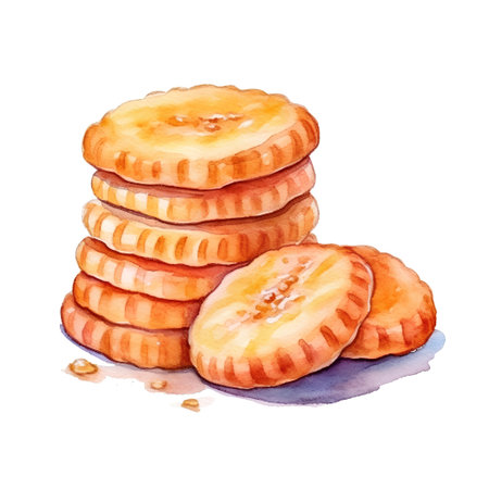 Watercolor illustration of a stack of tasty cookies on a white backgroundの素材