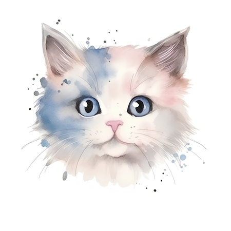 Watercolor portrait of a cat with blue eyes on a white backgroundの素材