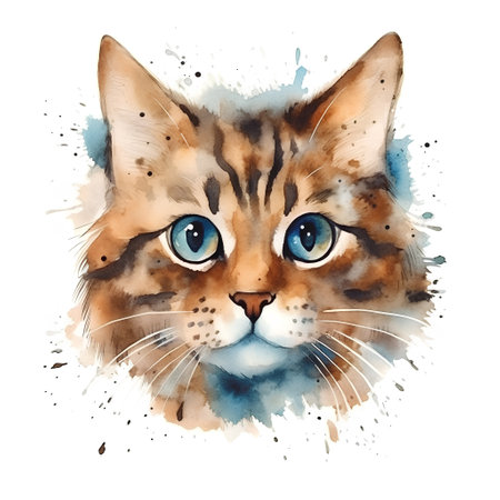 Watercolor portrait of a cat with blue eyes on a white backgroundの素材