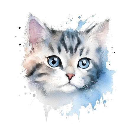 Watercolor portrait of a kitten with blue eyes on a white backgroundの素材