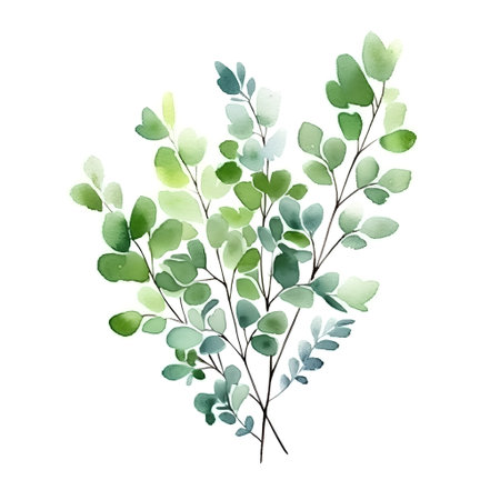 Watercolor illustration of eucalyptus branch with green leavesの素材