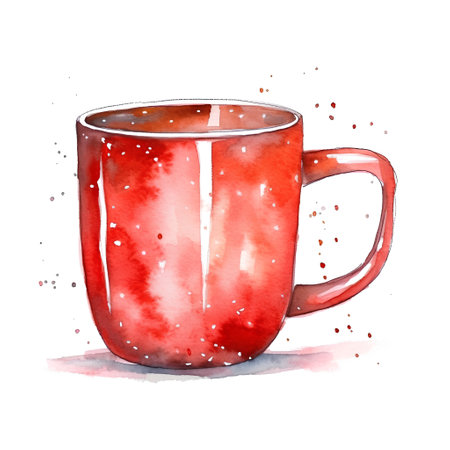 Watercolor red mug. Hand drawn illustration isolated on white background.の素材