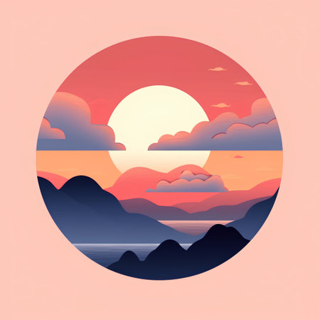 Sunset in the mountains. Vector illustration in flat style. Summer landscape.の素材