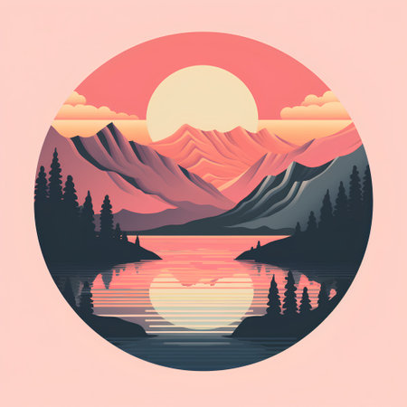 Mountain landscape with lake and sunset. Vector illustration in flat styleの素材