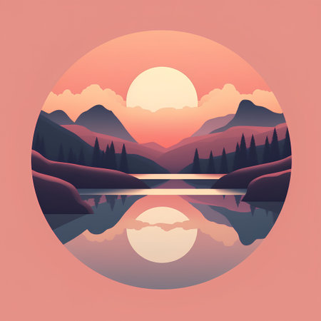 Mountain landscape with lake and sunset in circle. Vector illustration.の素材