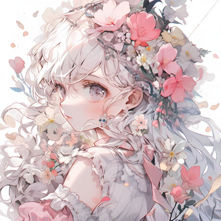 Beautiful girl with flowers in her hair. Vector Illustration.の素材