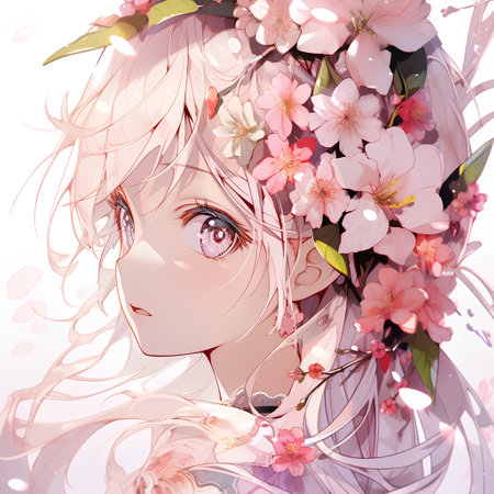 Beautiful girl with sakura flowers in her hair. Hand drawn illustration.の素材