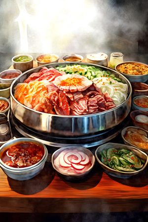 Korean food, Sukiyaki and kimchi in hot potの素材