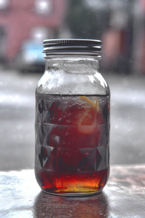 A glass jar of cola with ice and a slice of lemon.の素材