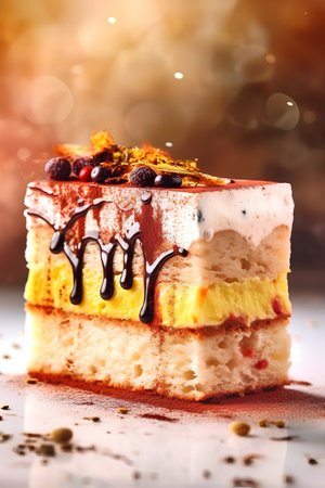 Tiramisu cake with chocolate and fruits on a white backgroundの素材