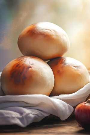 Homemade buns with apples on a wooden background. Selective focus.の素材