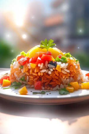 Fried rice with vegetables on a white plate in the rays of the setting sunの素材