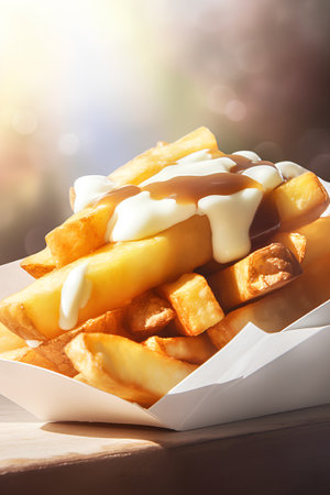 French fries with sauce and mayonnaise on a wooden background.の素材