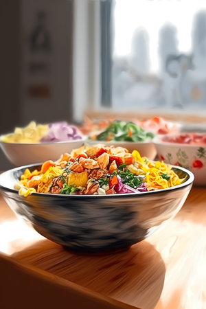 Bowl of colorful pasta with dried fruits and vegetables in the kitchenの素材